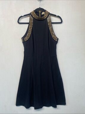 Michael Kors Black Gold Studded Halter Fit-and-Flare Dress Sz 6